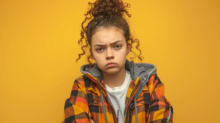 Moody, teenaged girl with her arms crossed on a studio background