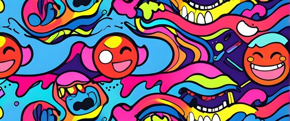 Experience the whimsical fun of vibrant psychedelic patterns with colorful cartoon faces melting with smiles. This retro style design exudes fun charm with its unique design. Generative AI - obrazy, fototapety, plakaty