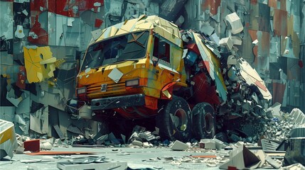 A crashed truck depicted in an artistic style. - obrazy, fototapety, plakaty