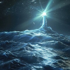 Gravity waves in a cosmic ocean with a pulsar lighthouse, depicting waves of gravity distorting space around a brightly flashing neutron star - obrazy, fototapety, plakaty