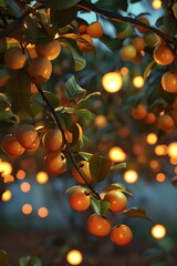 Twilight orchard with luminous fruit and whispering leaves, showcasing a magical grove where fruits glow softly under a dusky sky - obrazy, fototapety, plakaty