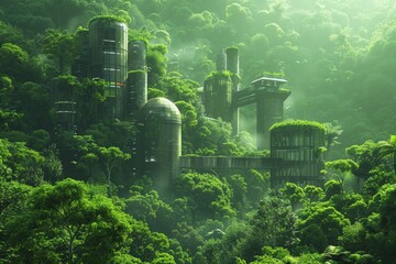 Modern glass-covered biomass facility surrounded by dense, foggy forest, steam rises into sky, blending with fog above. Mirrors eco-friendly energy generation amidst vibrant forest backdrop.