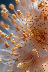 Pollen storm captured in microscopic detail, focusing on stamen structures and golden grains, highlighting the intricate beauty of pollination - obrazy, fototapety, plakaty