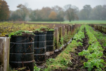 Obraz premium Rows of black compost bins on a vibrant organic farm, supporting sustainable fertilization methods and encouraging eco-conscious farming practices