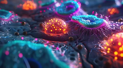 Organelle oasis featuring mitochondria glow and nucleus island, creating a vivid portrayal of cell components as lush, vibrant landscapes - obrazy, fototapety, plakaty