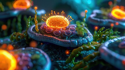 Organelle oasis featuring mitochondria glow and nucleus island, creating a vivid portrayal of cell components as lush, vibrant landscapes - obrazy, fototapety, plakaty