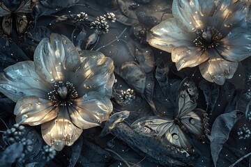 Lunar garden with silver blooms and shadow moths, a serene nocturnal scene where flora and fauna reflect the ethereal glow of moonlight - obrazy, fototapety, plakaty
