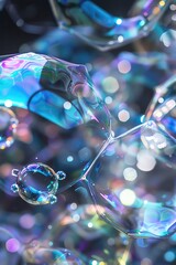 Microscopic view of soap bubbles, capturing the random interplay of colors and light in their thin, shimmering membranes - obrazy, fototapety, plakaty