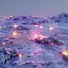 Neon frost under a twilight pulse, with silent sparks igniting brief, vivid flares across a frozen landscape, melding cold with bursts of light - obrazy, fototapety, plakaty