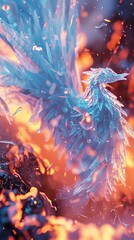 Arctic flames with a frost phoenix rising, its icy whispers filling the air, symbolizing rebirth and the enigmatic beauty of the polar wilderness - obrazy, fototapety, plakaty