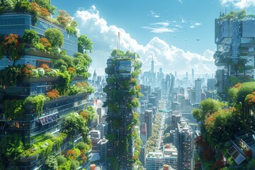 Urban landscape lush with vertical gardens and abundant foliage on skyscrapers, featuring integrated solar panels that blend seamlessly with city architecture under clear skies.
