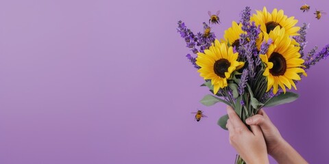 Vibrant sunflower and lavender bouquet with bees flying around on a lovely purple background, creating a stunning and picturesque scene