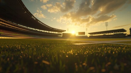 An 8K wide angle shot of a cricket stadium with the sun rising behind it and a realistic low angle setup depicting dawn.