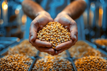 farmer male holds handful of harvest of wheat grain in hands in farm close-up