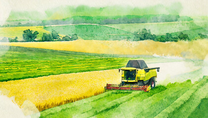 watercolor countryside farming illustration with combine harvester cutting crops agriculture background