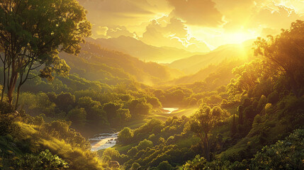 Radiant Valley Glow A picturesque view of a sunlit valley bathed in warm golden light with lush greenery and meandering streams creating a tranquil and inviting scene. - Powered by Adobe