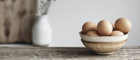 An artistic photo of brown eggs in a ceramic bowl on a wooden table.