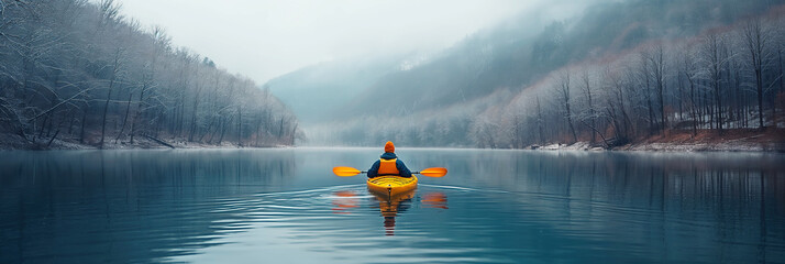 male kayaker is sailing on yellow kayak on river on winter trip with a landscape with forest
