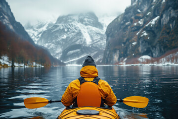 back of man kayaker kayaking on a lake in winter with a landscape of mountains and forests in snow
