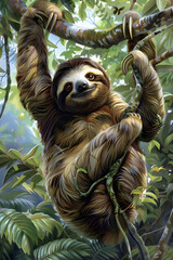 Captivating Portrayal of a Sloth Hanging Idly in its Lush Rainforest Habitat