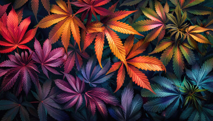  A vibrant display of cannabis leaves in various colors, with each leaf showcasing its unique texture and pattern. Created with Ai
