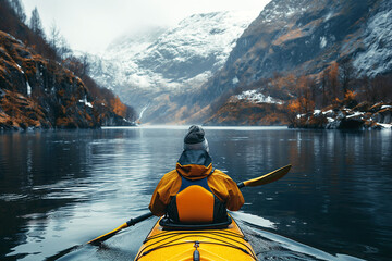 back of a kayaker kayaking on lake in autumn with a landscape of mountains and forests in the snow