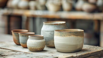 Assorted ceramic pots on wooden table with blurred pottery workshop background - obrazy, fototapety, plakaty