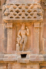 Ardhanarishvara (left half Shiva, right half Parvati) at the Kadasiddheswara Shaivism temple, Pattadakal, Bagalkot, Karnataka, India.