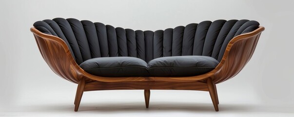 A black beetle back settee, with a hard shell shaped backrest that envelops sitters in comfort