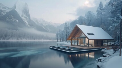 Fototapeta premium A photorealistic drone view of a frame house with an infinity pool on a lake, surrounded by a pine forest and mountains in the winter