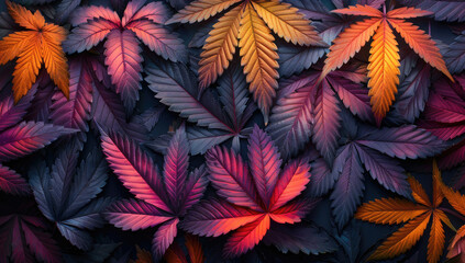 A background of colorful marijuana leaves, showcasing the diversity and beauty in different shades of green, orange, purple, blue, red, yellow, and pink. Created with AI