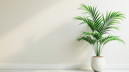 Potted green plant against white wall with shadows
