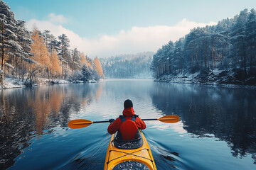 male kayaker is sailing on kayak on river on a winter trip with a landscape with snowy forest