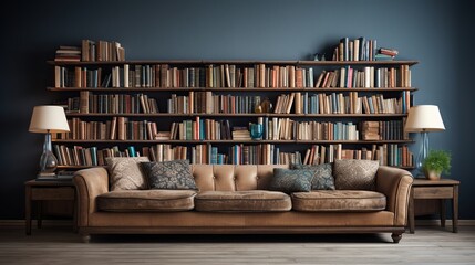 Modern home library with bookshelf and large sofa for world book day celebration concept.