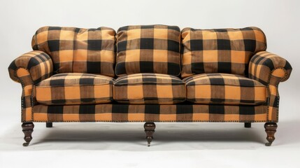 A buffalo plaid couch, sturdy and majestic, its fabric mimicking the pattern of the animal s coat