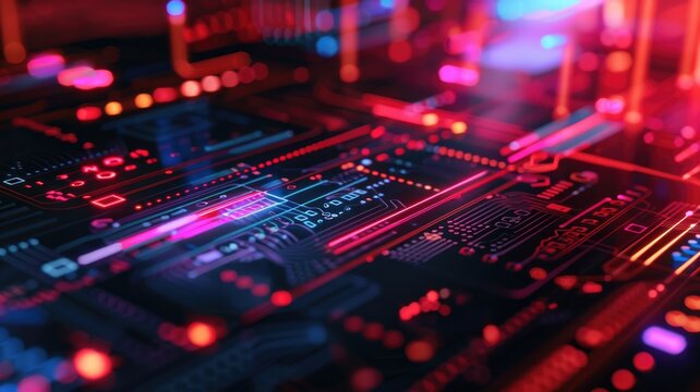Close-up image of glowing circuit board in red and blue colors, indicating technology electronics
