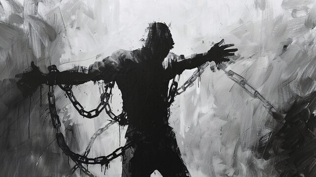 A man in chains on a dark background. The concept of crime, robbery, theft.