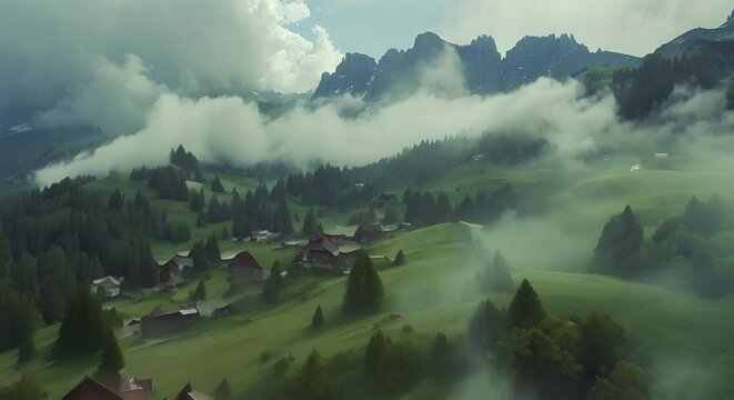 Drone flies smoothly forwards, framing Sass de Putia in cloud-kissed Dolomites. Chalets dot lush hills as drone drifts above them, capturing serene village. Near La Val, Italy. LuPa Creative.