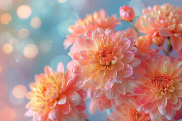 A closeup of delicate pink chrysanthemums against a blurred blue background. Created with Ai