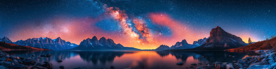 landscape panorama night starry sky against colorful bright background of mountains and lakes
