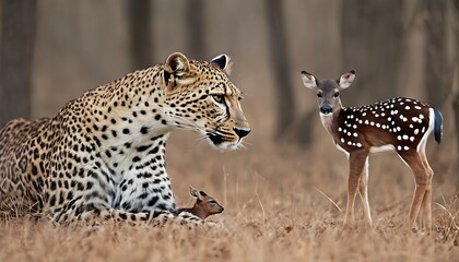 Obraz premium Helpless Mother Deer Watches as Baby Deer is in Custody of a Leopard on Mother’s Day with Copy Space