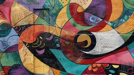 Colorful abstract mural with swirling patterns and fish motifs on wall
