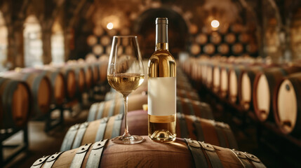 White wine bottle mock up on on top of an old barrel, rows of barrels inside a winery or castle-like building, copy space and place for logo	
