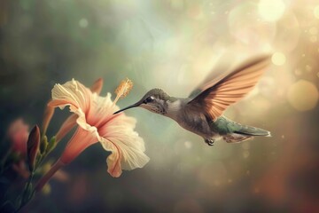 A hummingbird hovering near a flower, wings in a blur of movement