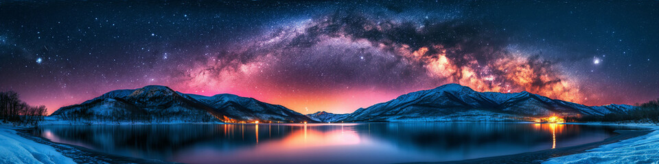 winter panorama with milky way in night starry sky against a colorful bright background of lake and snowy mountains