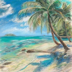 a pastel-style drawing depicting a tropical setting with beaches, palm trees, and a clear sea in calming tones