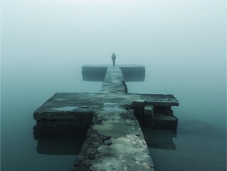 A lone figure stands on the edge of an old, broken pier overlooking calm waters in foggy weather,Generative AI illustration.