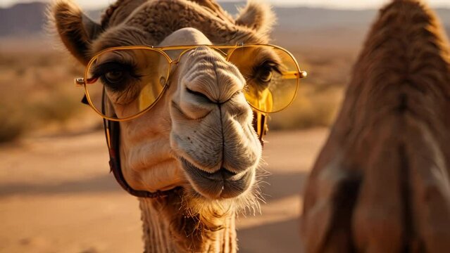 A camel with yellow glasses in the desert, sunlight, golden hour