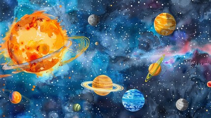 Artistic watercolor of the solar system, each planet labeled and colored distinctively, designed to educate and fascinate kids about space