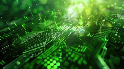 Obraz premium Green circuit board with glowing lights suggesting data processing or electronic activity